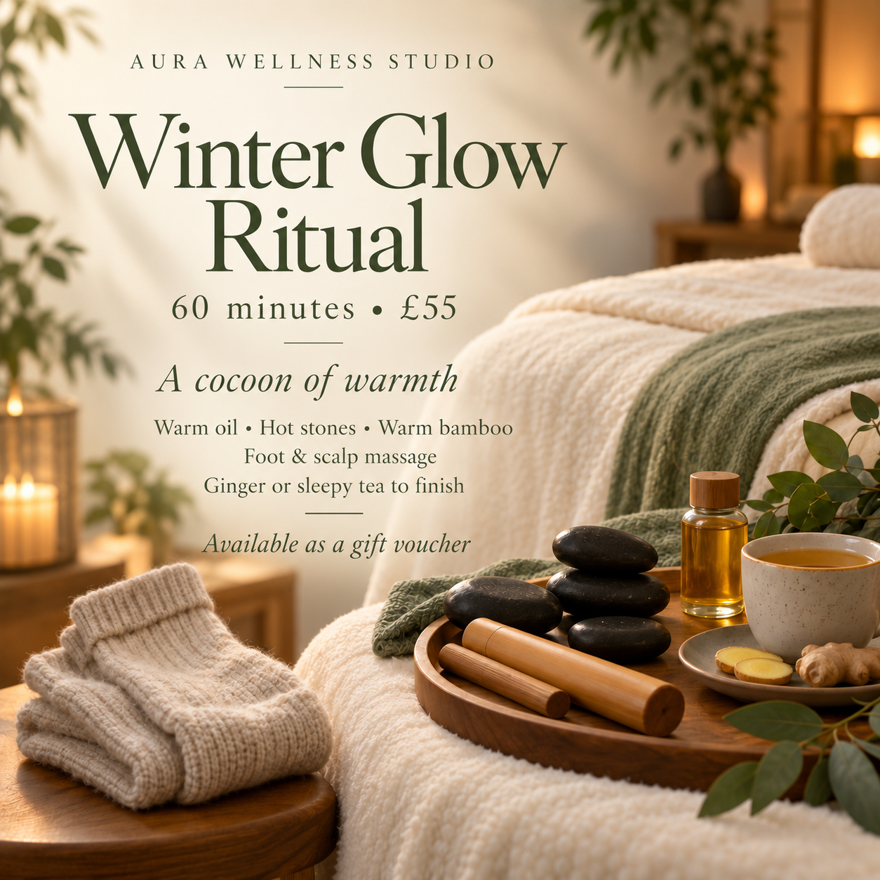 Winter Glow Ritual: 60 minutes, £55. Warm oils, hot stones, warm bamboo and tea. Available as a gift voucher.